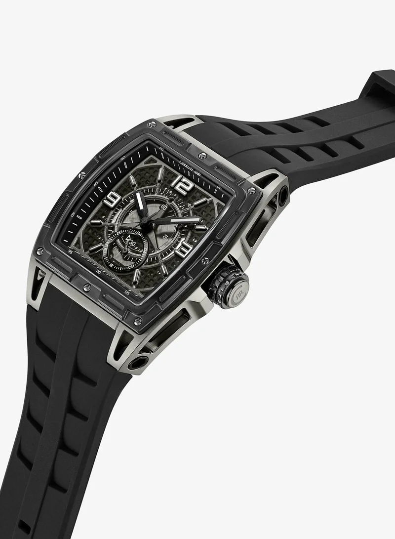 CERRUTI 1881 Belluno Multifunction Watch for Men - Tonneau Case, Black Smoked Transparent Dial, Black Silicon Strap