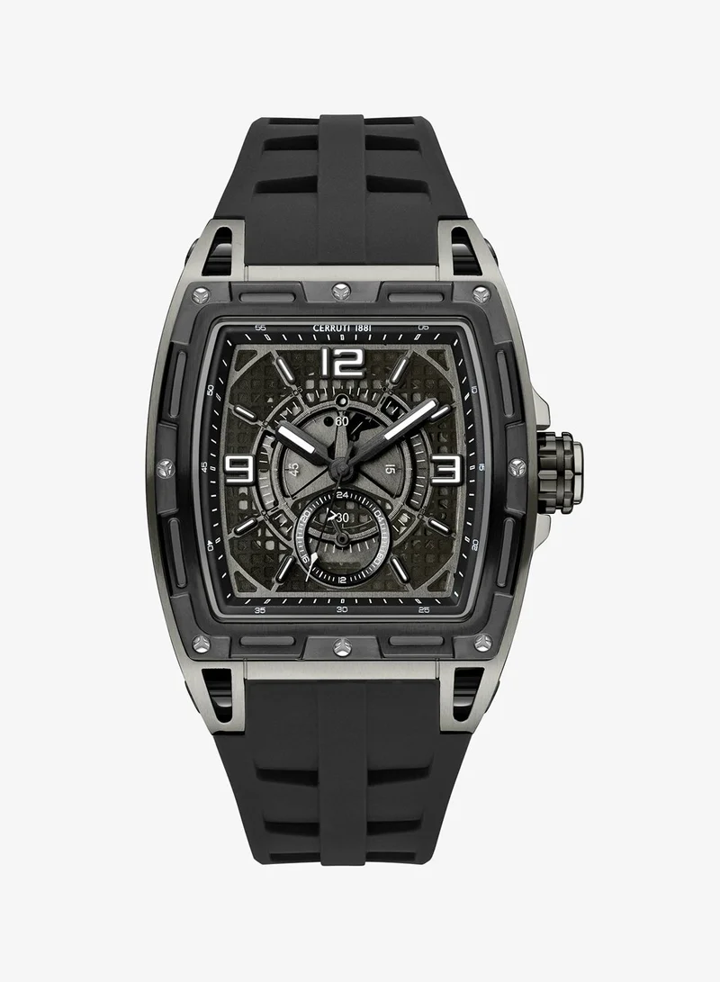 CERRUTI 1881 Belluno Multifunction Watch for Men - Tonneau Case, Black Smoked Transparent Dial, Black Silicon Strap
