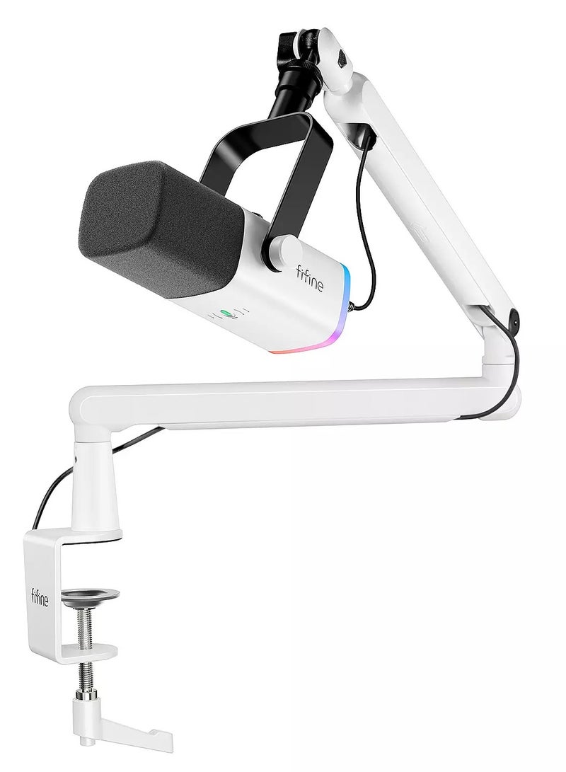 فيفين ميكروفون ديناميكي TAM8W AmpliGame XLR/USB مع حامل ذراع ميكروفون منخفض المستوى BM88 لتسجيل البودكاست وألعاب الكمبيوتر الشخصي مع ضوء RGB وزر كتم الصوت ومقبس سماعات الرأس - Image 1