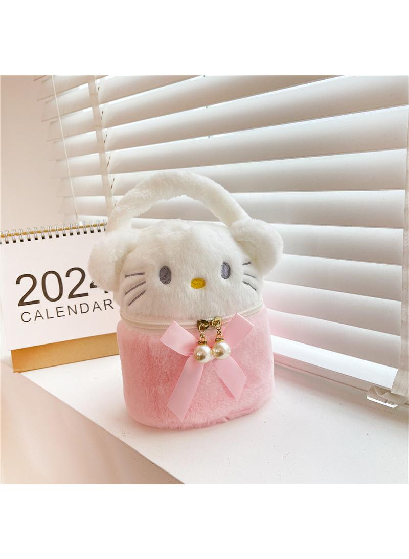 Y&D Cute Plush HelloKitty  Makeup Bag handbag  Open Flat Travel Toiletry Accessories Organizer Cosmetic Pouch with Handle for Cosmetics Brushes Toiletry Jewelry - Image 1