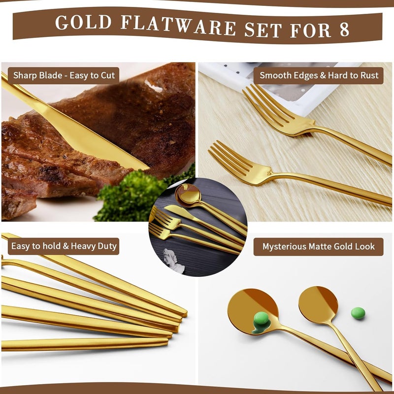 CEKEE 40 Piece Silverware Set for 8 CEKEE Stainless Steel Gold Flatware Gold Utensils Set Tableware Cutlery Set Include Knives Spoons and Forks Set for Home Kitchen Restaurant Wedding Apartment - Image 4