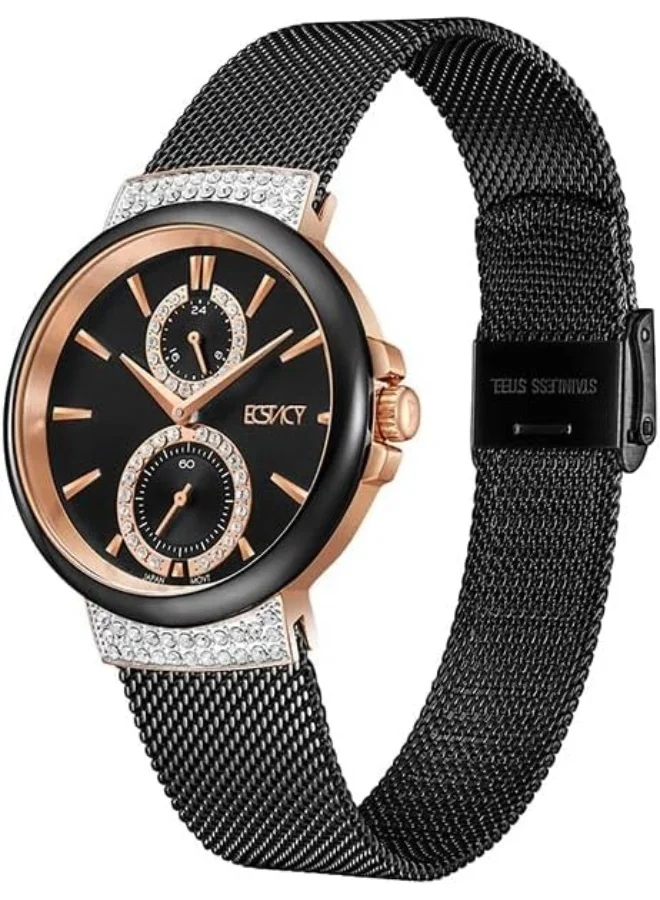 إكستاسي Ecstacy Women's VD77 Movement Watch, Multi Function Display and Stainless Steel Strap - E23603-KMBB, Black