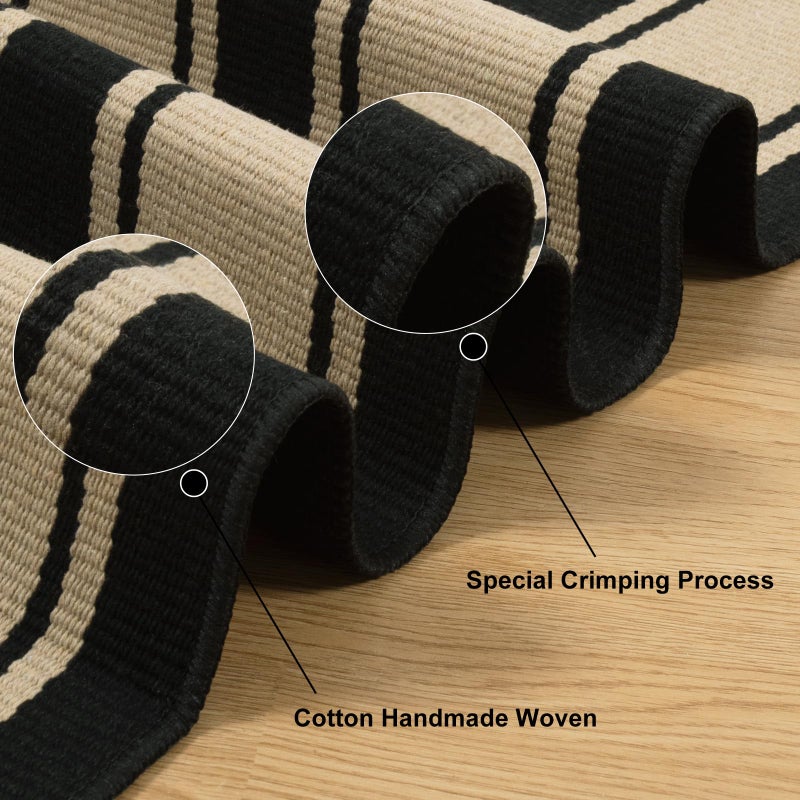 Sungea Striped Outdoor Rug 3'x5', Cotton Hand Woven Rug Front Door Mat,Washable Reversible Layered Door Mats, Foldable Front Porch Rug for Entryway/Home Entrance/Farmhouse(Black and Tan) - Image 2