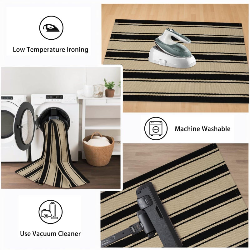 Sungea Striped Outdoor Rug 3'x5', Cotton Hand Woven Rug Front Door Mat,Washable Reversible Layered Door Mats, Foldable Front Porch Rug for Entryway/Home Entrance/Farmhouse(Black and Tan) - Image 5