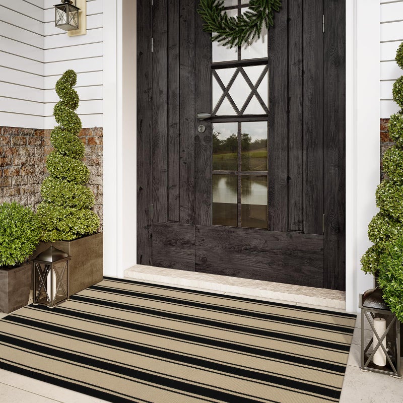 Sungea Striped Outdoor Rug 3'x5', Cotton Hand Woven Rug Front Door Mat,Washable Reversible Layered Door Mats, Foldable Front Porch Rug for Entryway/Home Entrance/Farmhouse(Black and Tan) - Image 1