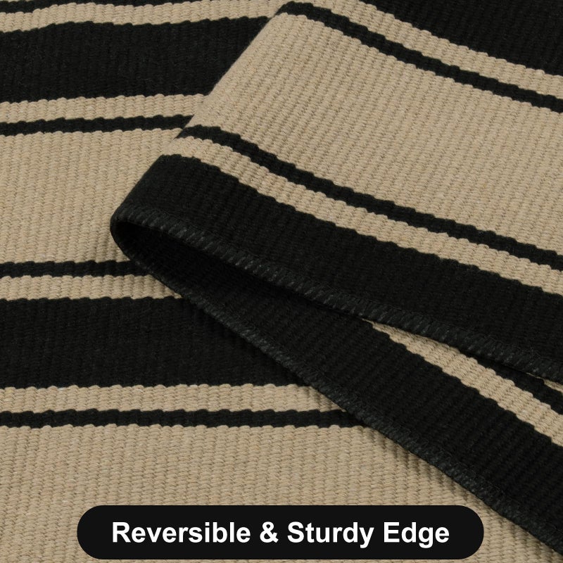 Sungea Striped Outdoor Rug 3'x5', Cotton Hand Woven Rug Front Door Mat,Washable Reversible Layered Door Mats, Foldable Front Porch Rug for Entryway/Home Entrance/Farmhouse(Black and Tan) - Image 3