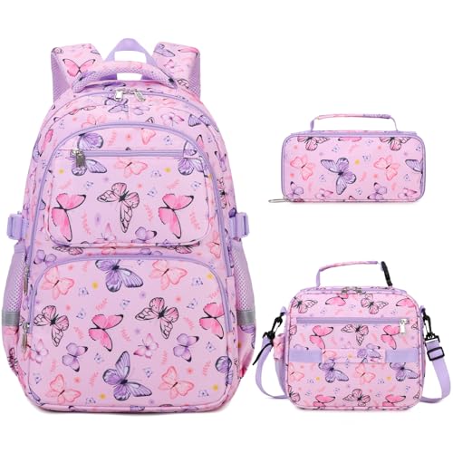 DIGOBAY Kids Backpack for Girls 3PCS Toddler Girls Backpack Set with Lunch Box Pencil Case School Bag Cute Bookbag for Preschool Kindergarten Elementary Student Ages 312 Butterfly - Image 1