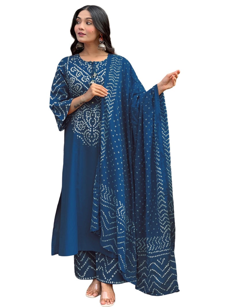 GoSriKi Women's Rayon Viscose Bandhej Printed Straight Kurta Pant with Dupatta (SAGARI KEROSIN-GS_4XL_Kerosin_XXXX-Large) - Image 1