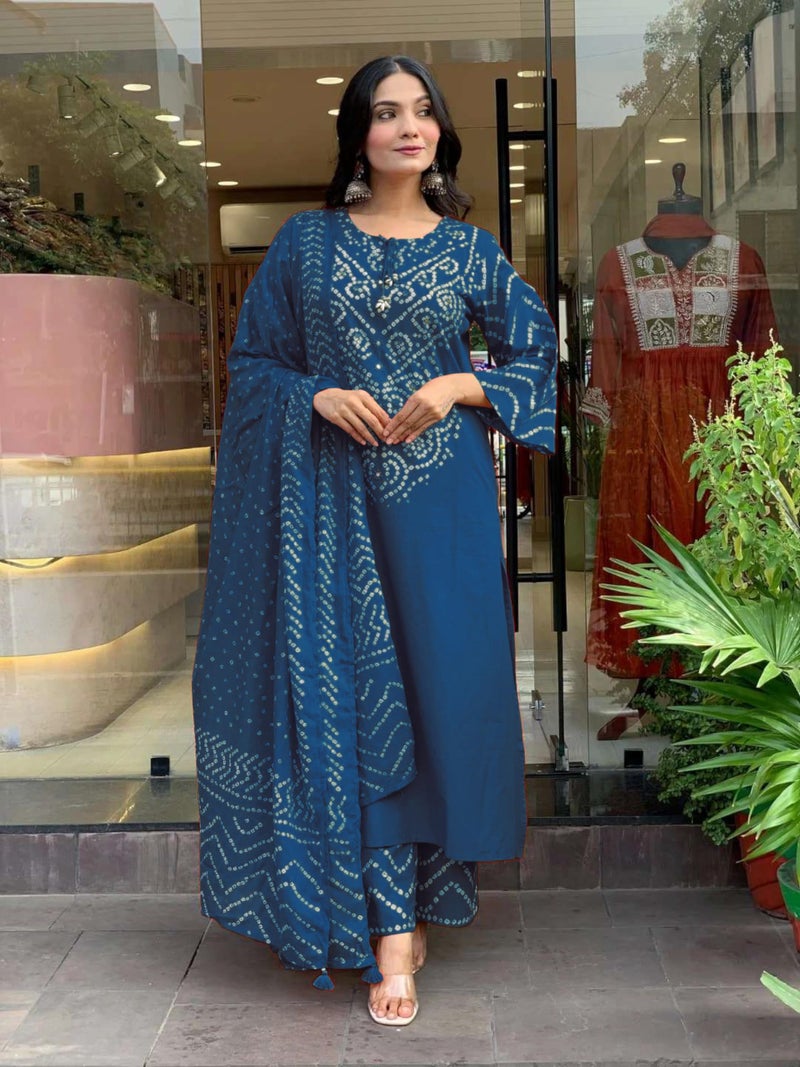 GoSriKi Women's Rayon Viscose Bandhej Printed Straight Kurta Pant with Dupatta (SAGARI KEROSIN-GS_4XL_Kerosin_XXXX-Large) - Image 5