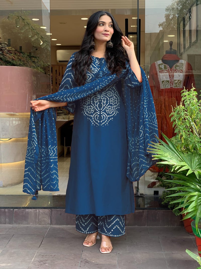 GoSriKi Women's Rayon Viscose Bandhej Printed Straight Kurta Pant with Dupatta (SAGARI KEROSIN-GS_4XL_Kerosin_XXXX-Large) - Image 3