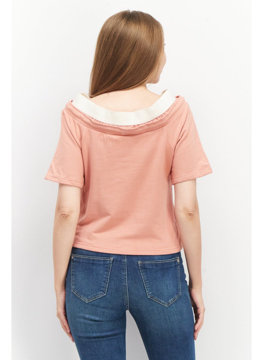 TRIBE OF 6 - Women Boat Neck Short Sleeve Drawstring Detail Blouse, Dusty Rose - Image 1