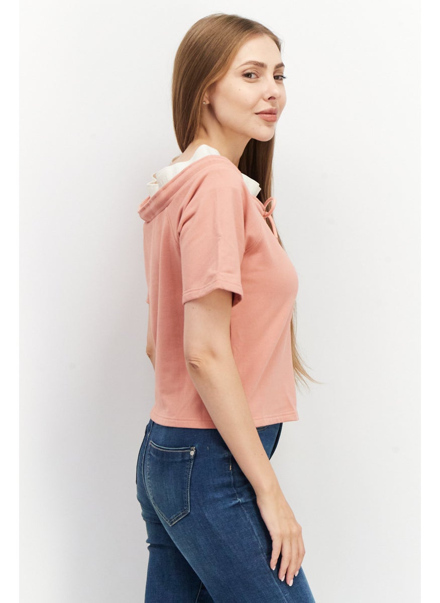 TRIBE OF 6 - Women Boat Neck Short Sleeve Drawstring Detail Blouse, Dusty Rose - Image 1