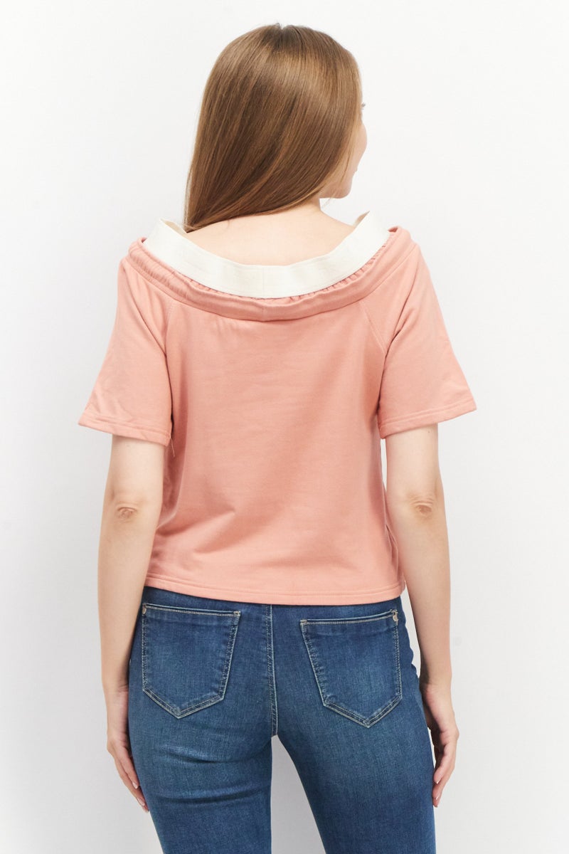 TRIBE OF 6 Women Boat Neck Short Sleeve Drawstring Detail Blouse, Dusty Rose - Image 2
