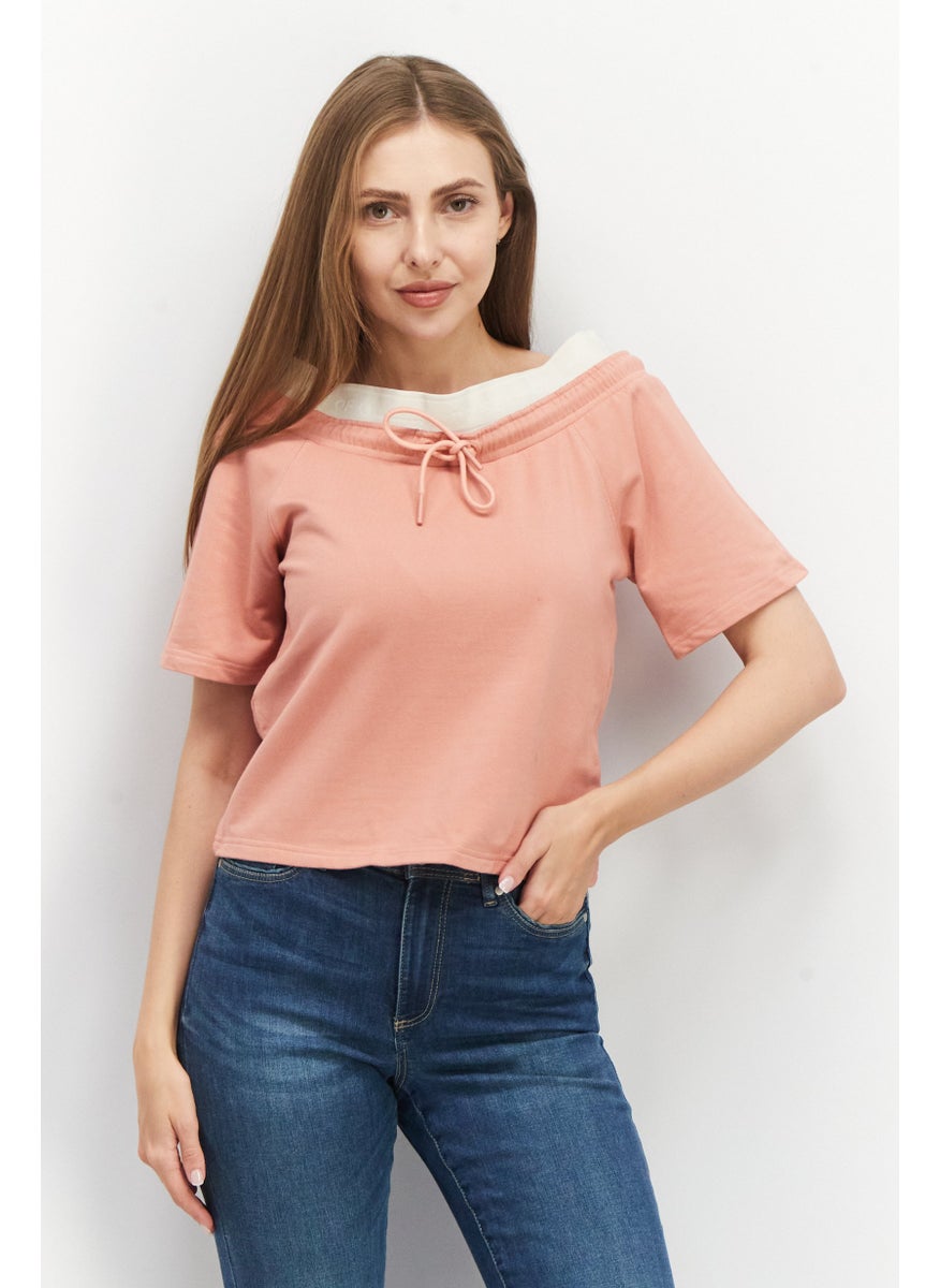 TRIBE OF 6 - Women Boat Neck Short Sleeve Drawstring Detail Blouse, Dusty Rose - Image 1