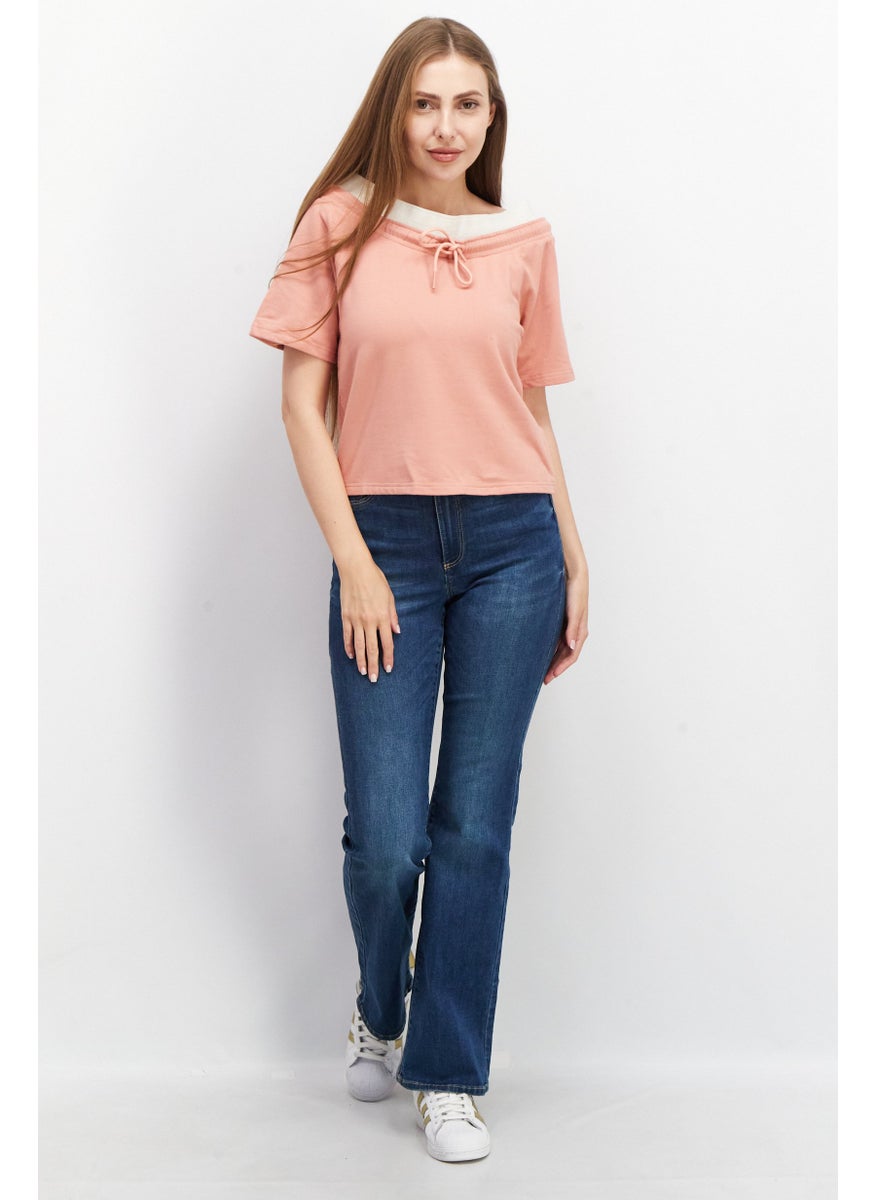TRIBE OF 6 - Women Boat Neck Short Sleeve Drawstring Detail Blouse, Dusty Rose - Image 1