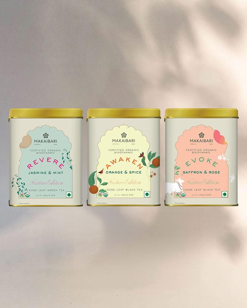 Makaibari Festive Pack Trio Assortment: Awaken + Evoke + Revere|New Years Gift Box|Christmas Gift Hamper|Usda Certified Darjeeling Tea|Anti-Oxidants,Immunity Booster|Tin Caddy|100 Gram X 3,Green Tea - Image 1