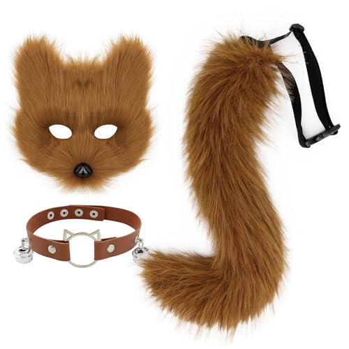 hbbhml Faux Fur Fox Mask Wolf Cat Fluffy Tail and Leather Necklace Set Halloween Party Costume Accessory - Image 1