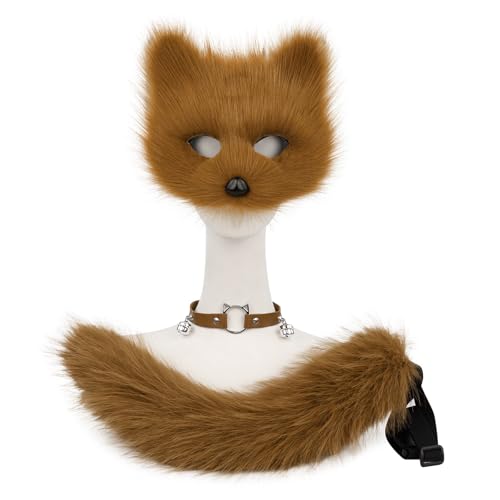 hbbhml Faux Fur Fox Mask Wolf Cat Fluffy Tail and Leather Necklace Set Halloween Party Costume Accessory - Image 2