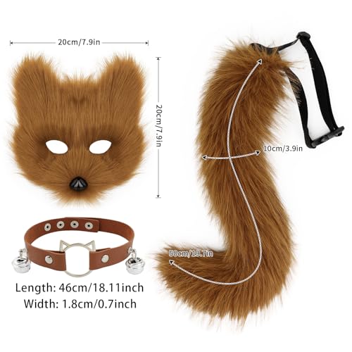 hbbhml Faux Fur Fox Mask Wolf Cat Fluffy Tail and Leather Necklace Set Halloween Party Costume Accessory - Image 3