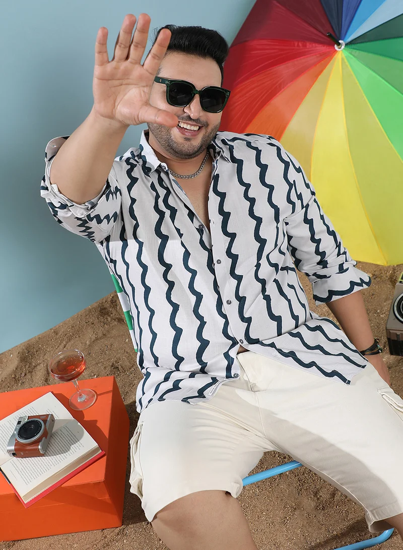 Instafab Plus Instafab Plus Men's White & Navy Blue Contrast Paint Lines Shirt For Casual Wear | Spread Collar | Long Sleeve | Button Closure | Cotton Shirt Crafted With Comfort Fit For Everyday Wear