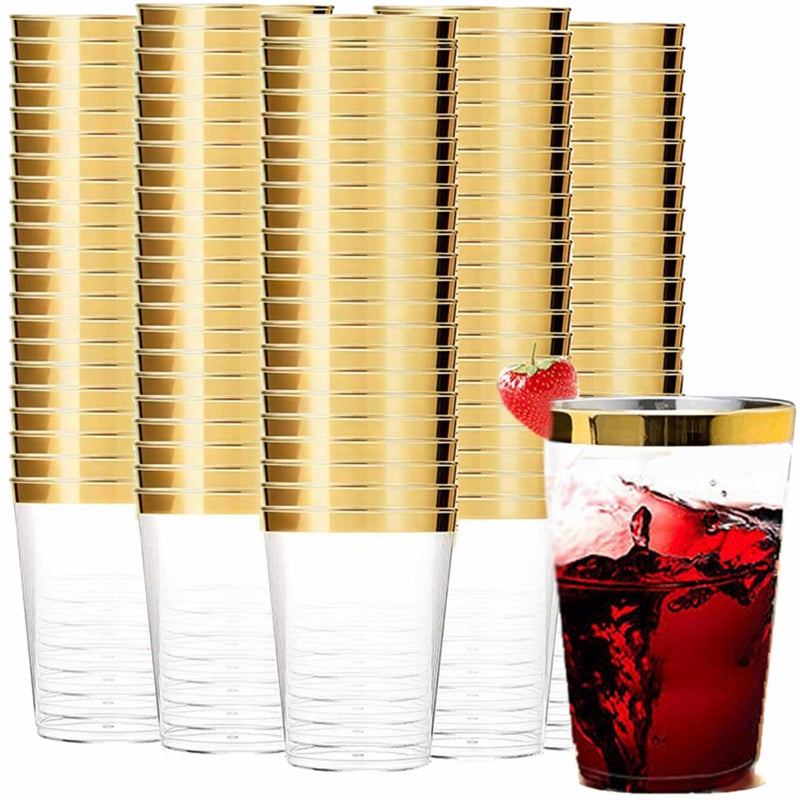 Tebery 100 Pack Gold Plastic Cups Tumblers 10oz Clear Reusable Wedding Cups Elegant Party Cup with Gold Rim