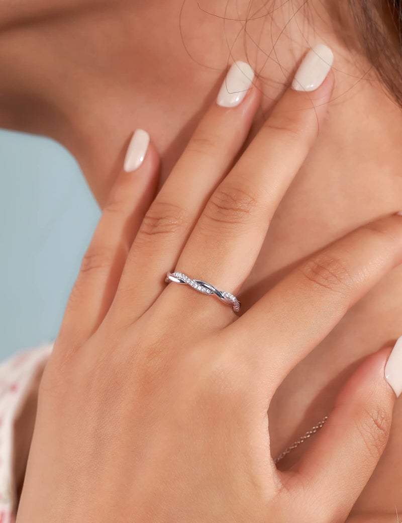 IMOLOVE Moissanite Wedding Band Wedding Rings for Women Twisted Rings 925 Sterling Silver Rings with 18K White Gold Plated Eternity Stackable Engagement Ring Anniversary Band Size 7 - Image 3