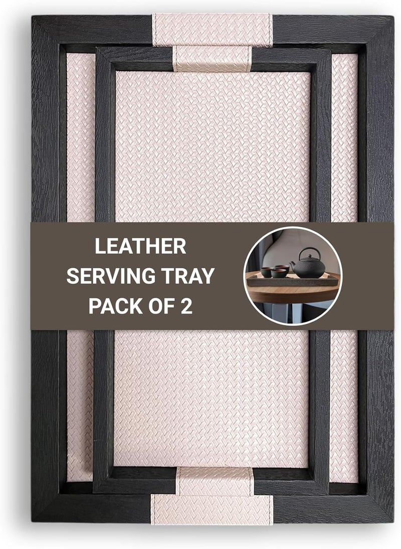 LeArt Leather Serving Tray – Serving Tray without Handles | Home, Office, Restaurant | Appetizer, Food, Snack Serving Platter | Trays Serving Set (Wooden Walnut | Set of 2) - Image 1