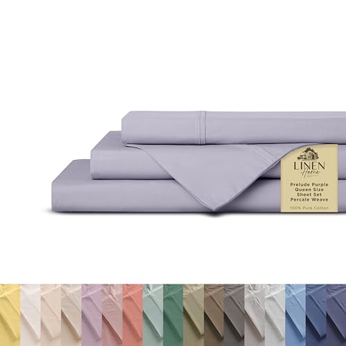 Linen Home Queen Percale Sheets 100% Cotton, 4-Piece Set, Deep Pocket Fits 16" Mattress Crisp Cool Breathable Bed Sheet Set, 1 Flat + 1 Fitted + 2 Pillowcases, Prelude Purple