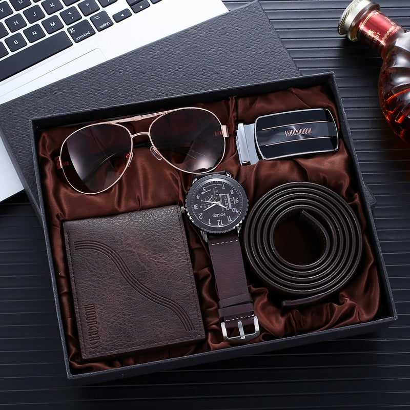Mens Business Gift Set Wallet Belt Glasses Watch Brown 