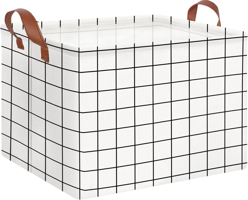 CLOCOR Rectangular Storage Basket,Collapsible Cute Pattern Storage Bin,Waterproof Coating Storage Box with Handles,Gift Baskets,Shelf Basket (white checks) - Image 1
