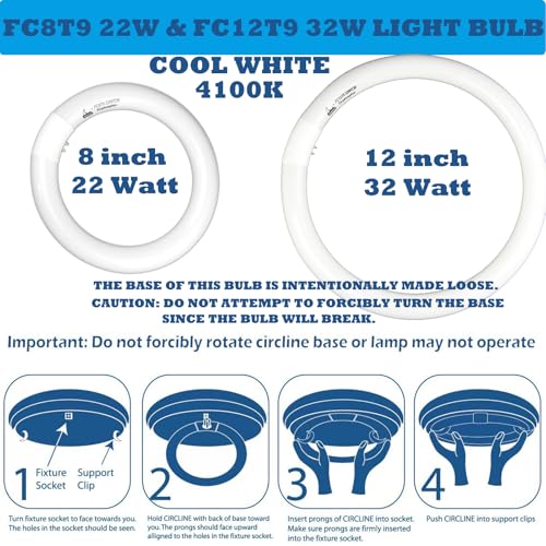 CHKADAWA FC8T9/CW 22W and FC12T9/CW 32W Cool White Round Fluorescent Light Bulb Set, 8 inch T9 22 Watts & 12 inch 32 Watts Circular Bulbs Pack, Circline Kitchen and Bath Light Bulbs, CRI 80, 4100K, G10q Prong - Image 4