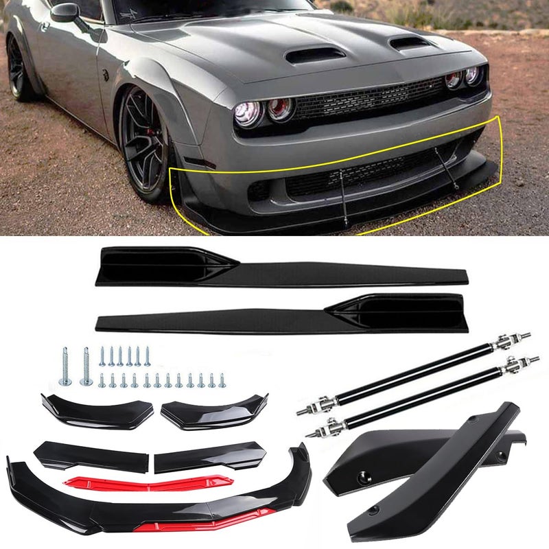 Front Bumper Lip Splitter Spoiler  Strut Rods Bright Glossy BlackRed Polyurethane Fit for Dodge Challenger SRT SXT RT Glossy Black spoilder Lip