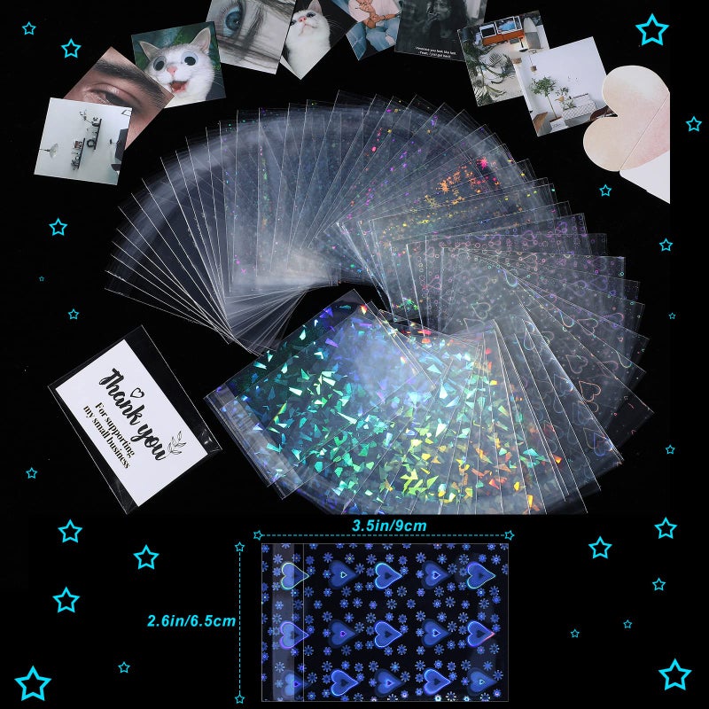 Tinlade 200 Pcs Laser Flashing Kpop Holographic Photo Card Sleeves Little Star Heart Glass Gemstone Transparent Trading Cards Sleeves 2.6 x 3.5 Inches - Image 3