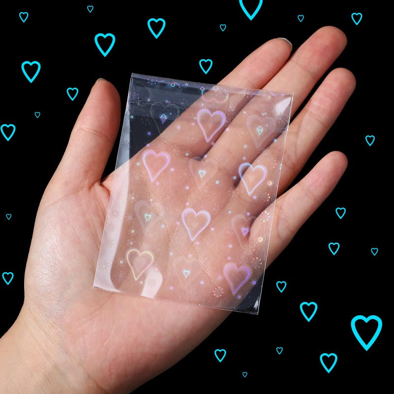 Tinlade 200 Pcs Laser Flashing Kpop Holographic Photo Card Sleeves Little Star Heart Glass Gemstone Transparent Trading Cards Sleeves 2.6 x 3.5 Inches - Image 4