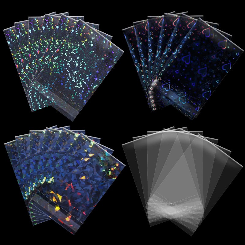 Tinlade 200 Pcs Laser Flashing Kpop Holographic Photo Card Sleeves Little Star Heart Glass Gemstone Transparent Trading Cards Sleeves 2.6 x 3.5 Inches - Image 1