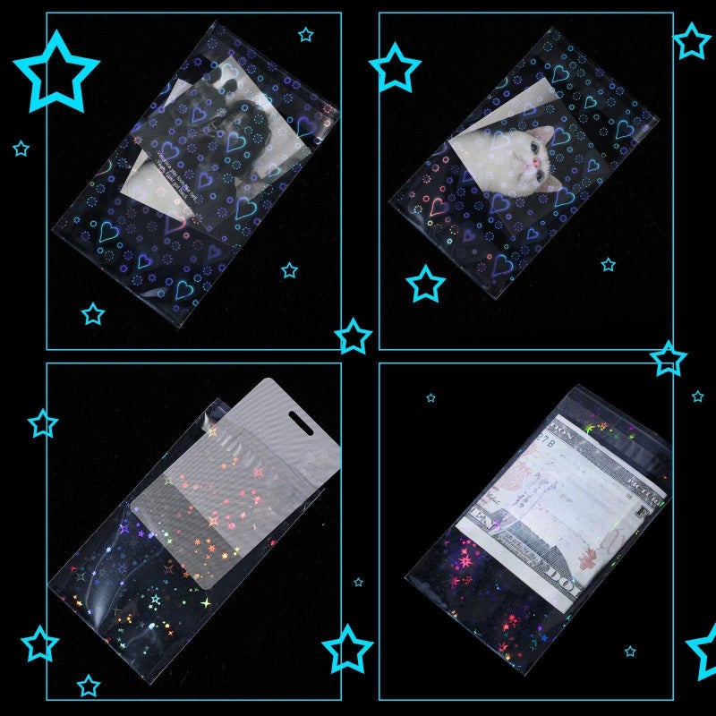 Tinlade 200 Pcs Laser Flashing Kpop Holographic Photo Card Sleeves Little Star Heart Glass Gemstone Transparent Trading Cards Sleeves 2.6 x 3.5 Inches - Image 5