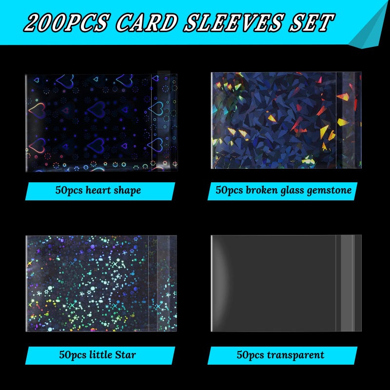 Tinlade 200 Pcs Laser Flashing Kpop Holographic Photo Card Sleeves Little Star Heart Glass Gemstone Transparent Trading Cards Sleeves 2.6 x 3.5 Inches - Image 2