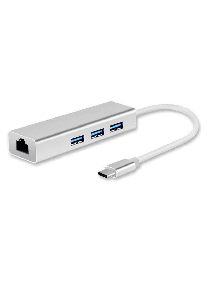 ماركة غير محددة موزع USB-C بثلاثة منافذ USB 3.0 + منفذ إيثرنت بسرعة 100Mbps – محول متعدد الوظائف لنقل البيانات بسرعة فائقة  - Image 1