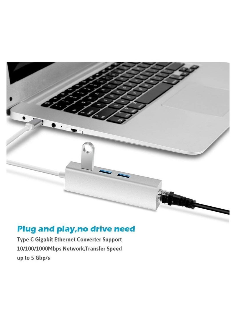 ماركة غير محددة موزع USB-C بثلاثة منافذ USB 3.0 + منفذ إيثرنت بسرعة 100Mbps – محول متعدد الوظائف لنقل البيانات بسرعة فائقة  - Image 3