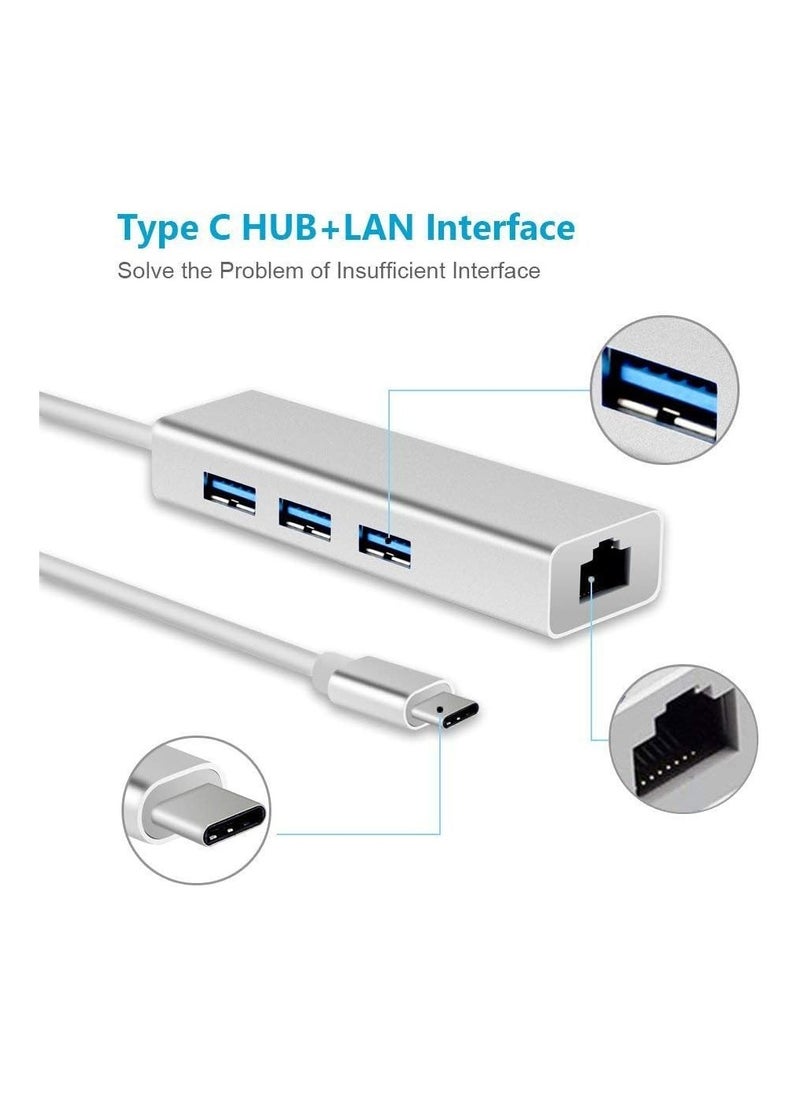 ماركة غير محددة موزع USB-C بثلاثة منافذ USB 3.0 + منفذ إيثرنت بسرعة 100Mbps – محول متعدد الوظائف لنقل البيانات بسرعة فائقة  - Image 4