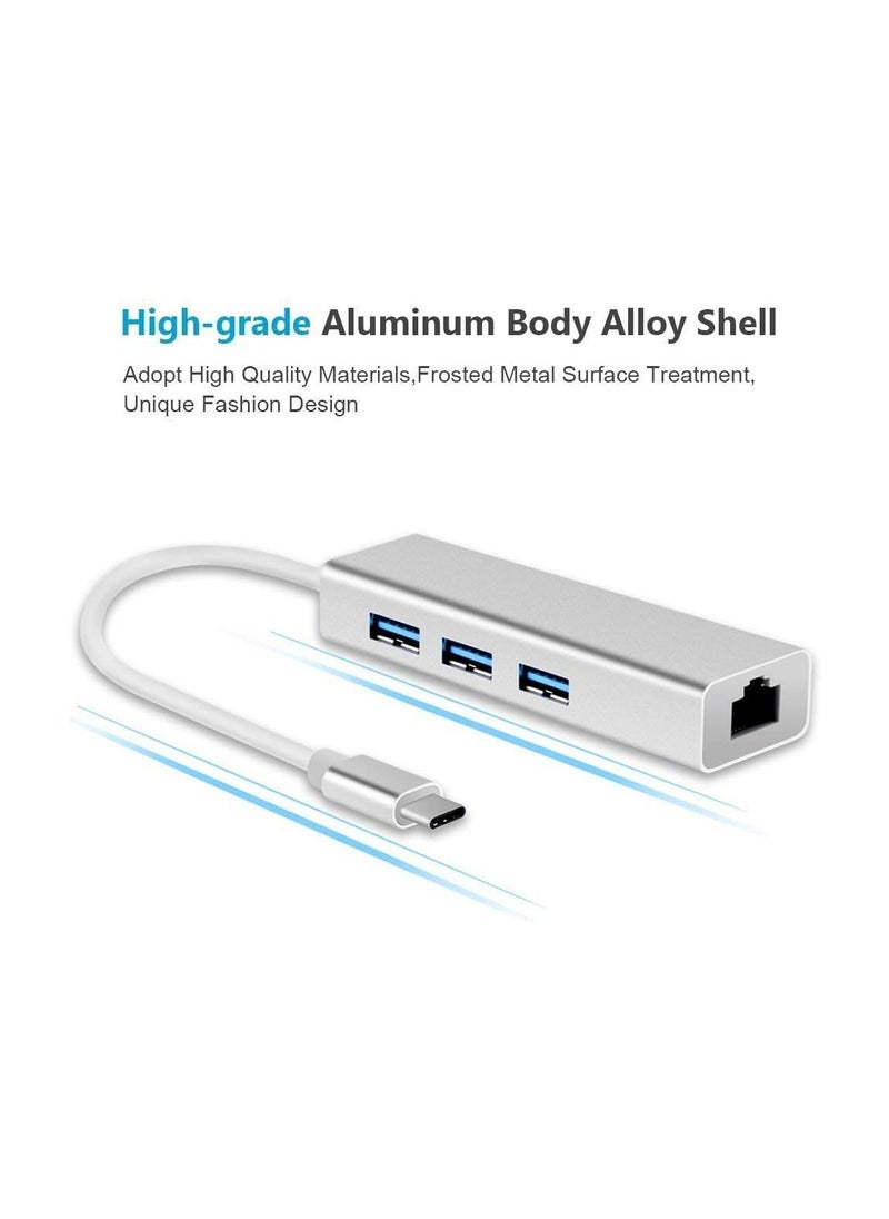 ماركة غير محددة موزع USB-C بثلاثة منافذ USB 3.0 + منفذ إيثرنت بسرعة 100Mbps – محول متعدد الوظائف لنقل البيانات بسرعة فائقة  - Image 2