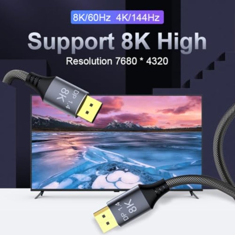 كابل DisplayPort لشاشات الألعاب والشاشات الاحترافية بدقة 8K@60 هرتز/4K@144 هرتز، مادة PVC، لون أسود، عرض نطاق ترددي 32.4 جيجابت في الثانية، تصميم نحيف ومرن - Image 2