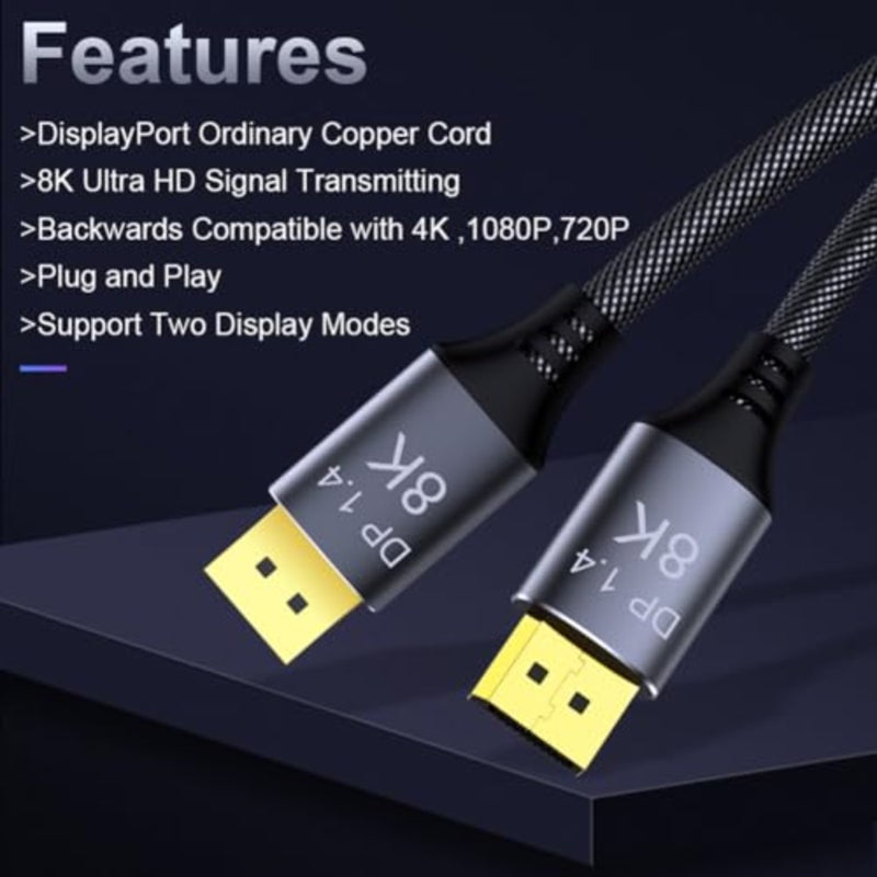 كابل DisplayPort لشاشات الألعاب والشاشات الاحترافية بدقة 8K@60 هرتز/4K@144 هرتز، مادة PVC، لون أسود، عرض نطاق ترددي 32.4 جيجابت في الثانية، تصميم نحيف ومرن - Image 3