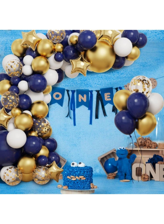 Blue Balloon Arch Kit, 128 Pcs Navy Blue White Gold Balloon Arch Garland with Confetti Balloons, 18 12 10 5 Inch Dark Blue Balloons for Birthday Graduation Wedding Party Decoration - Image 1