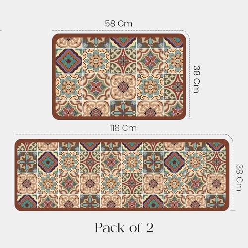 Yellow Weaves– Non-Slip Kitchen Floor Mats, Water Absorbent, Rugs,Standing Rubber Mats for Kitchen, Office, Sink and Laundry Room, Moroccan Tile Multi (Pack of 2) - Image 5