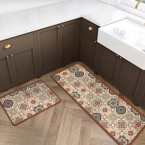 Yellow Weaves– Non-Slip Kitchen Floor Mats, Water Absorbent, Rugs,Standing Rubber Mats for Kitchen, Office, Sink and Laundry Room, Moroccan Tile Multi (Pack of 2) - Image 2