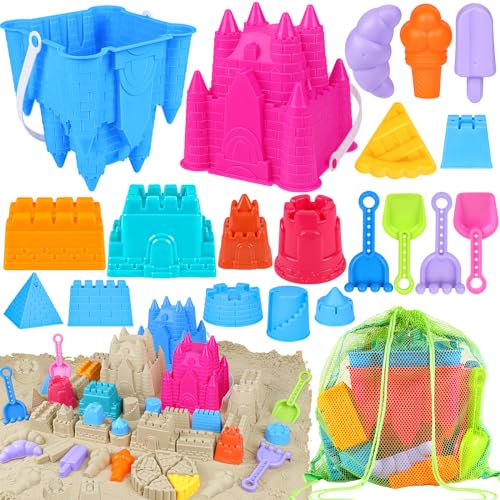 FUSPWEAO Beach Toys Sand Toys for Kids, Sand Castle Toys for Beach with 2 Castle Bucket and Mesh Bag, Sand Molds, Shovels and Rakes, Sandbox Toys for Toddlers, Travel Beach Toys for Kids 3-10 - Image 1