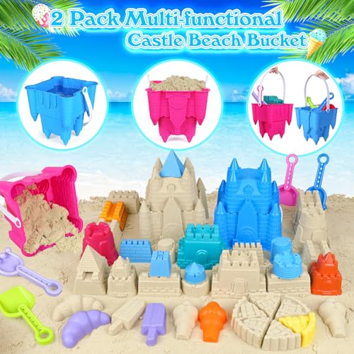 FUSPWEAO Beach Toys Sand Toys for Kids, Sand Castle Toys for Beach with 2 Castle Bucket and Mesh Bag, Sand Molds, Shovels and Rakes, Sandbox Toys for Toddlers, Travel Beach Toys for Kids 3-10 - Image 2