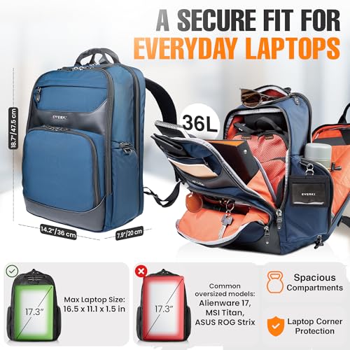 EVERKI Onyx 36L Business Laptop Backpack Professional Travel Backpack for Men Women Laptop Bag with Premium Leather Ballistic Nylon Office Flight Approved Fits Laptops up to 173 Navy - Image 3