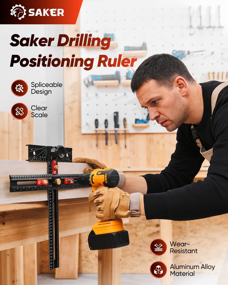 Saker 4-in-1 Scriber Marking Line Ruler, 29.5in Spliceable Extended T Square, Precision Line Drawing & Drilling Positioning Tool, Cabinet Hardware Jig with Angle Adjustment for Woodworking - Image 3